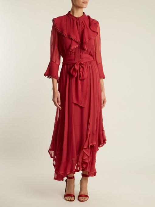Chloé Ruffle-trimmed Handkerchief-hem Silk Dress In Red | ModeSens