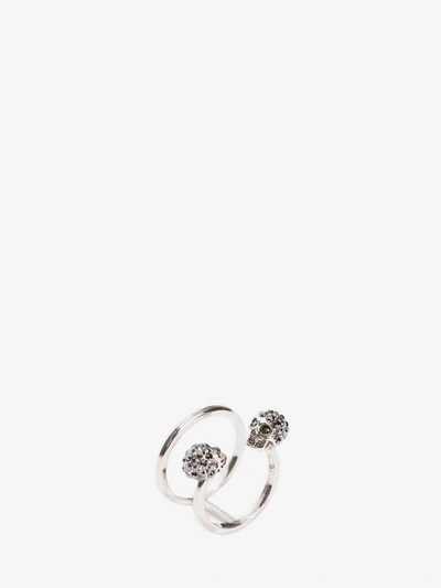 Shop Alexander Mcqueen Twin Skull Double Ring In Silver