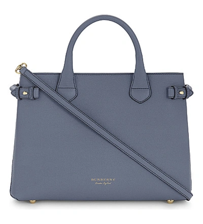 Burberry Medium Banner House Check Leather And Cotton Tote In Slate Blue