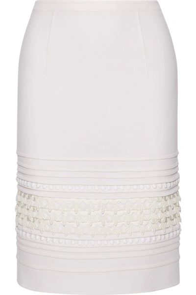 Oscar De La Renta Crochet-paneled Pintucked Stretch-crepe Skirt In Ivory