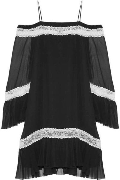 Shop Alice And Olivia Willie Cold-shoulder Lace-trimmed Silk-chiffon Mini Dress In Black