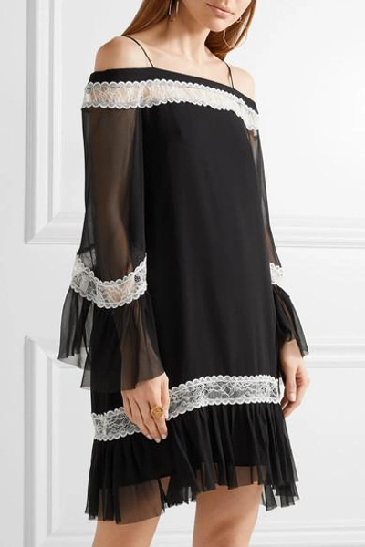Shop Alice And Olivia Willie Cold-shoulder Lace-trimmed Silk-chiffon Mini Dress In Black