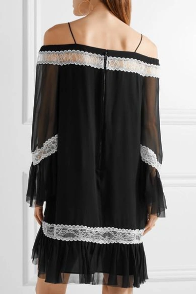 Shop Alice And Olivia Willie Cold-shoulder Lace-trimmed Silk-chiffon Mini Dress In Black