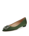 MANOLO BLAHNIK HANGISI CRYSTAL-BUCKLE SATIN FLAT, MEDIUM GREEN