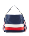 TORY BURCH DUET STRIPED LEATHER HOBO BAG, RYLNVY/CHER/WHT