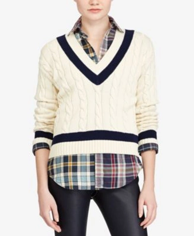 Polo Ralph Lauren Cotton Cricket Sweater In Cream/bright Navy