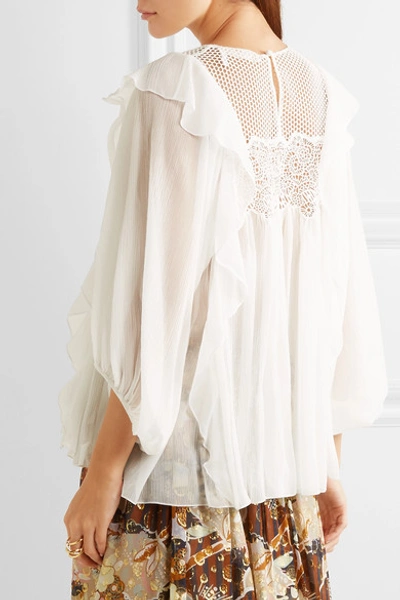 Shop Chloé Ruffled Guipure Lace-paneled Silk-crepon Blouse In White