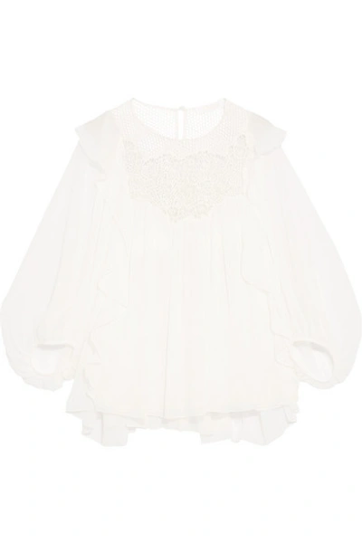 Shop Chloé Ruffled Guipure Lace-paneled Silk-crepon Blouse In White
