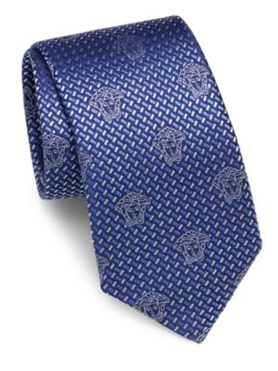 Versace Textured Italian Silk Logo Tie In Sky