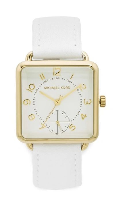 Michael Kors Brenner Leather Watch In Gold/white