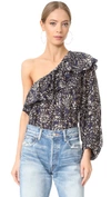 Apiece Apart Bergamot One-shoulder Ruffle Top In Blue Floral