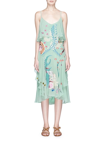 Temperley London 'chimera' Bird And Floral Embroidered Ruffle Silk Dress