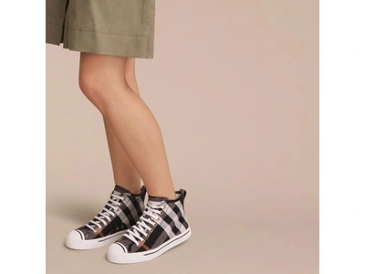 Shop Burberry Check Linen Cotton High-top Trainers In Antique Rose