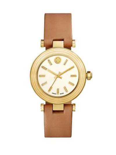 Shop Tory Burch Classic T Goldtone Stainless Steel & Leather Strap Watch In Cognac