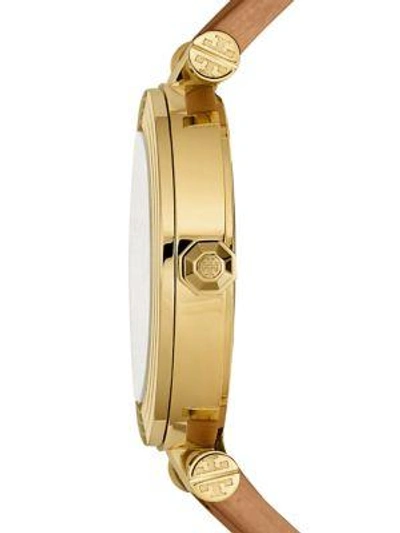 Shop Tory Burch Classic T Goldtone Stainless Steel & Leather Strap Watch In Cognac