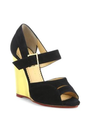 Shop Charlotte Olympia Marcella Suede & Metallic Wedge Sandals In Black-gold