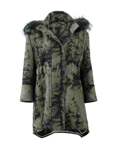 Shop Fendi Fur Trim Hooded Illusion Coat In Blacktea