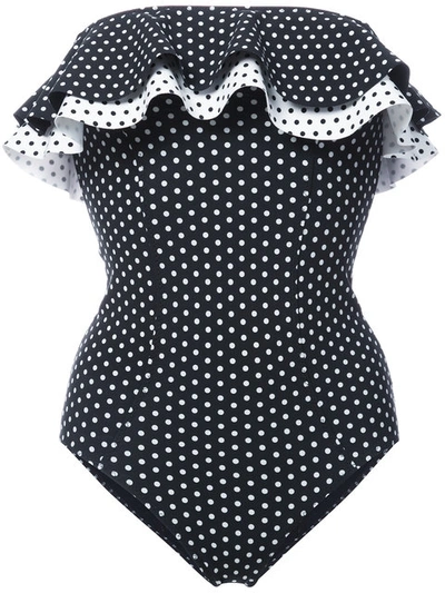 Lisa Marie Fernandez 'sabine' Polka Dot Ruffled Strapless One-piece Swimsuit In Black Polka Dots