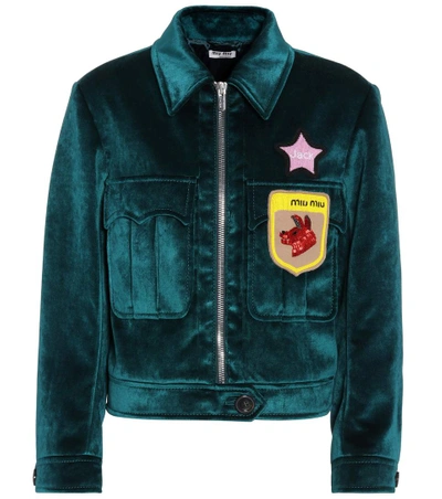 Shop Miu Miu Velvet Beaded Appliqué Jacket In Blue