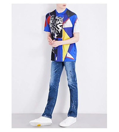 Shop Versace Abstract-print Cotton-jersey T-shirt In Blue