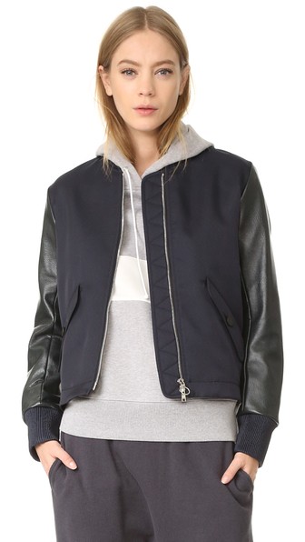 Tim Coppens Woman Lace-up Leather And Twill Bomber Jacket Midnight Blue ...