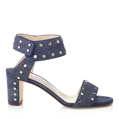 Shop Jimmy Choo Veto 65 Denim Leather Sandals With Silver Studs In Light Indigo/silver