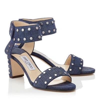 Shop Jimmy Choo Veto 65 Denim Leather Sandals With Silver Studs In Light Indigo/silver