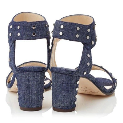 Shop Jimmy Choo Veto 65 Denim Leather Sandals With Silver Studs In Light Indigo/silver