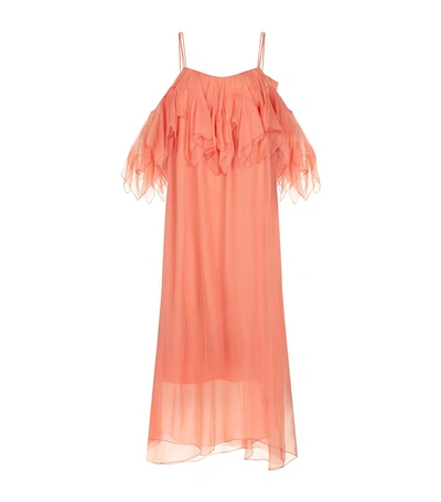 N°21 Cold Shoulder Ruffle Silk Maxi Dress In Pink