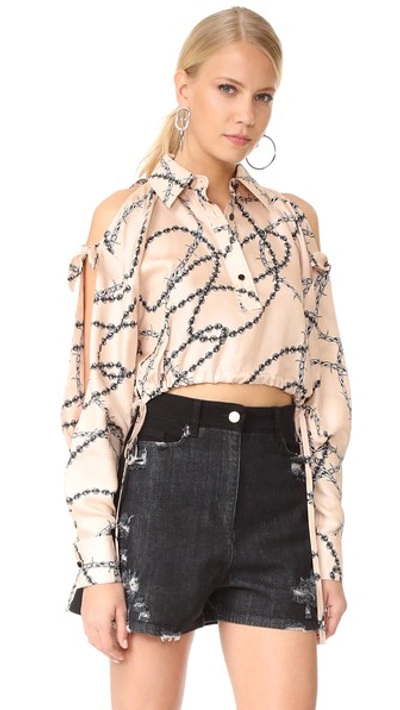 Alexander Wang Cropped Blouse With Slit Shoulders And Barbed Wire Print In Babe