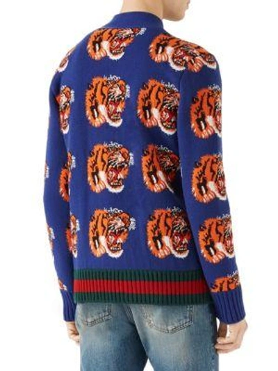 Shop Gucci Tiger Jacquard Wool Cardigan In Ink Multi