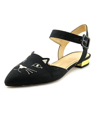 Charlotte Olympia Mid Century Kitty   Pointed Toe Canvas  Slingback Heel' In Black