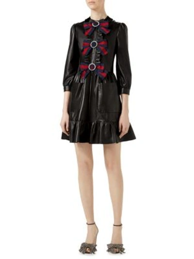 Gucci 3/4-sleeve Bow-trim Leather Dress In Black Multi