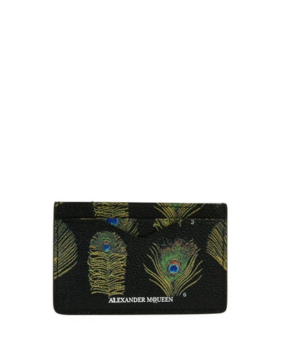 Alexander Mcqueen Peacock Feather Leather Card Case, Black/multicolor