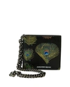 ALEXANDER MCQUEEN PEACOCK FEATHER LEATHER WALLET ON CHAIN, BLACK,PROD129610130