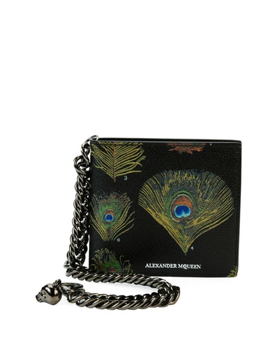 Alexander Mcqueen Peacock Feather Leather Wallet On Chain, Black
