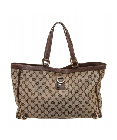 Gucci -  Beige Canvas Monogram Brown Leather D Ring Tote Bag'