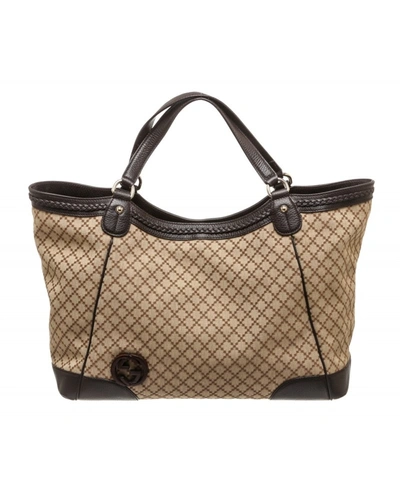 Gucci -  Beige Canvas Brown Leather Diamante Tote Shoulder Bag'