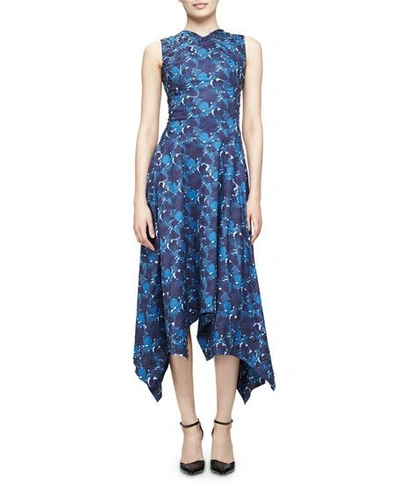 Zac Posen Sleeveless Floral-print Handkerchief-hem Dress, Blue