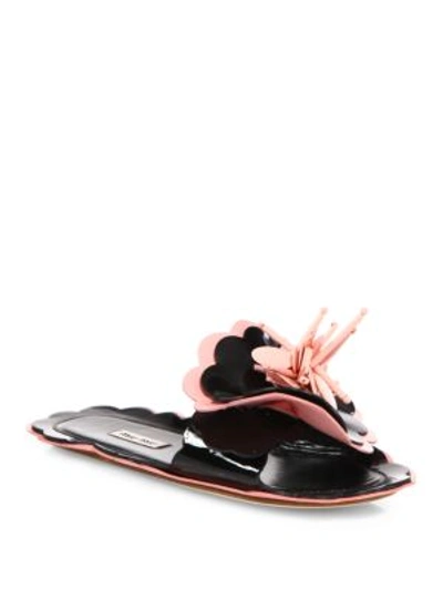 Shop Miu Miu Flower Applique Patent Leather Slides In Nero-rosa