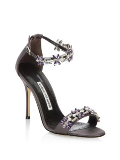 Shop Manolo Blahnik Firaduo 105 Crystal-embellished Satin Ankle-strap Sandals In Grey