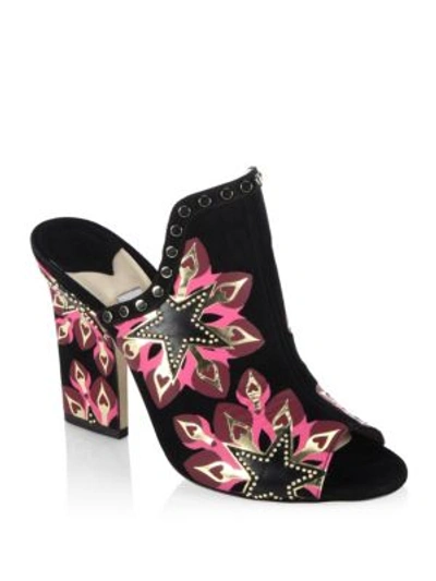 Shop Jimmy Choo Hustle 100 Embellished Suede Mules In Black-pink Mix