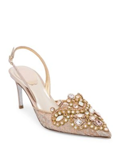 Shop René Caovilla Lace Embroidered Slingback Pumps In Pink Grey