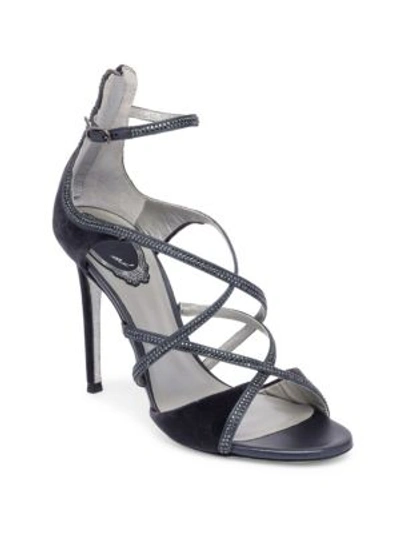 René Caovilla Crystal Studded Velvet Sandals In Dark Grey