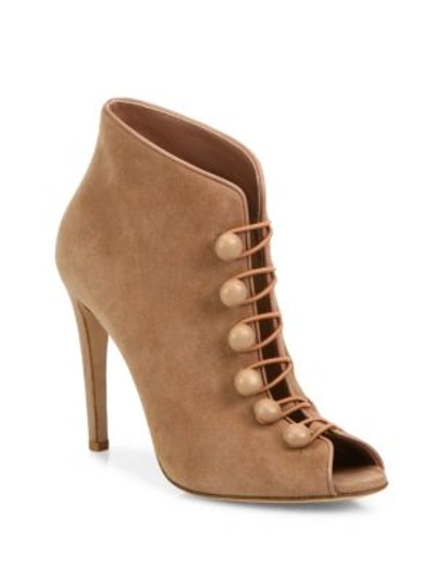Gianvito Rossi Suede Button-strap Peep Toe Booties In Praline