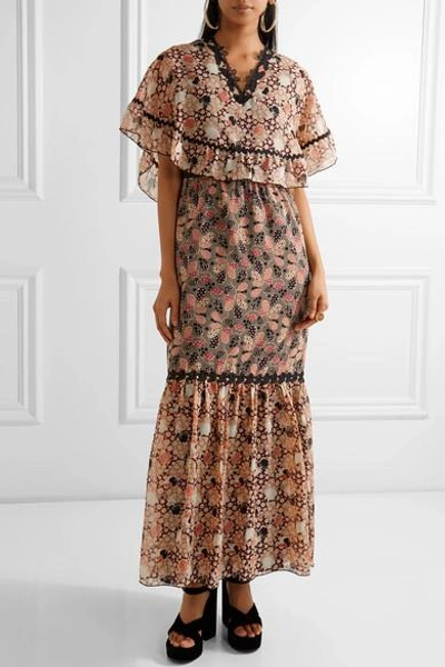 Shop Anna Sui Embellished Printed Silk-chiffon And Cotton-blend Voile Maxi Dress In Pink