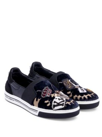 Dolce & Gabbana Embroidered Velvet Slip-on Sneakers In Dark Blue