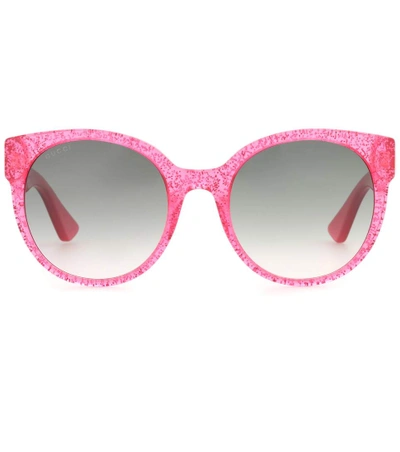 Gg0035s 005 Fuchsia Glitter Optyl Round Womens Sunglasses In Green