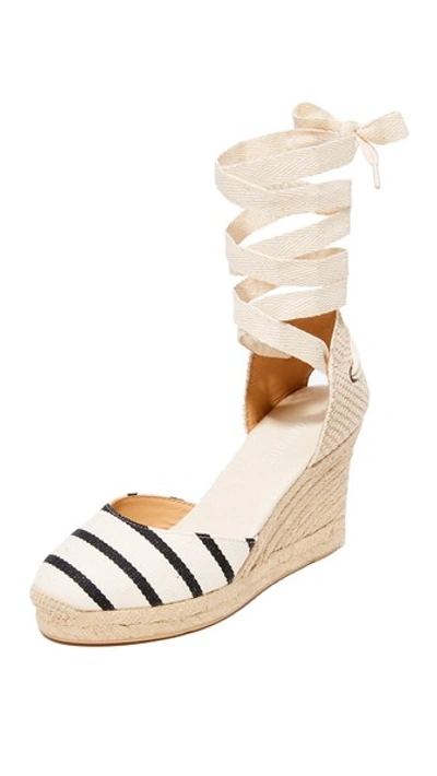 Shop Soludos Striped Gladiator Tall Wedge Espadrilles In Black/natural