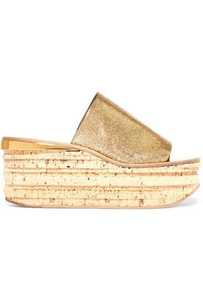 Shop Chloé Camille Metallic Cracked-leather Wedge Sandals In Gold